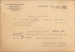 Rijksmuseum Amsterdam $2.50 Letter for Payment Reproductie Verkoop Netherlands Benelux Countries Postcard Postcard Postcard