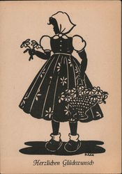girl with a basket of flowers Silhouettes Postcard Postcard Postcard