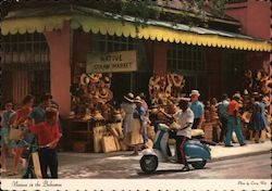 Street Scene - Native Straw Market, Vespa Scooter Postcard