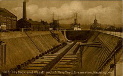 Dry Dock And Warships, U. S. Navy Yard Postcard