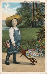 Child in Overalls & Straw Hat with Map of WV in Wheelbarrow Wheeling, WV Postcard Postcard Postcard