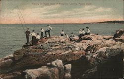 Fishing on Rocks Back of Evergreen Landing Postcard