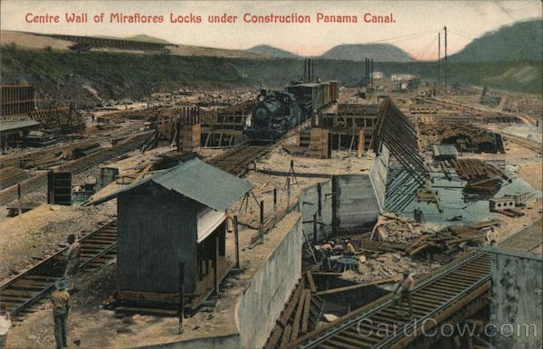 Centre wall of Mirafiores locks under construction Panama Canal