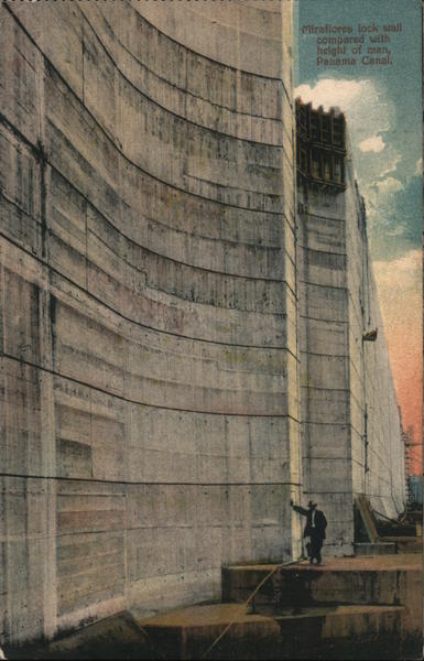 Miraflores lock wall compared with height of a man, Panama Canal