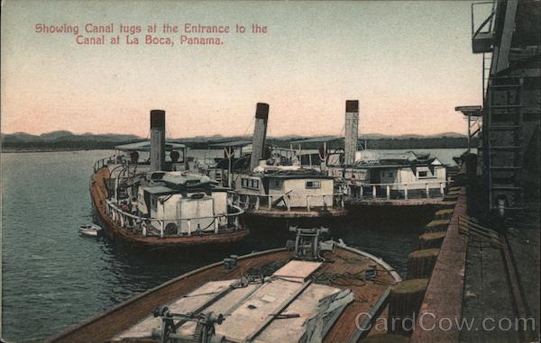 Showing Canal tugs at the entrance to the Canal at La Boca Panama Panama City