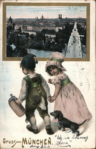 Greetings from Munich: Boy, girl and dog walking Germany