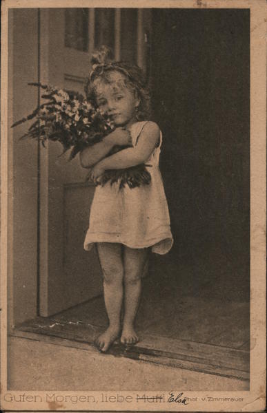 Girl holding flowers: Good morning, dear Mother Germany