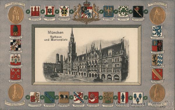 City Hall, Marienplatz and Coats of Arms of Bavarian Cities Munich Germany