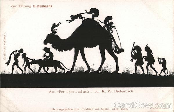 Silhouette children and monkeys riding animals, from Per aspera ad astra by K.W. Diefenbach Germany