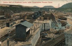 Centre wall of Mirafiores locks under construction Panama Canal Postcard