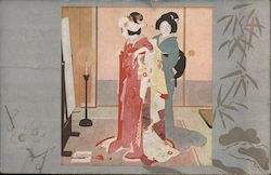 Painting of a bride dressing up. Postcard