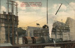 Showing massive concrete construction at upper end of Gatun Locks, Panama Canal. Postcard