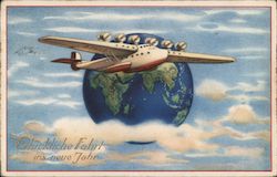 Many Happy Travels in the New Year - Art Deco Postcard