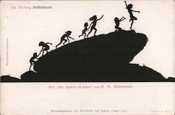 Silhouette children climbing a boulder, from "Per aspera ad astra" by K.W. Diefenbach Postcard