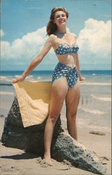Model in Polka Dot Bikini on Beach Postcard