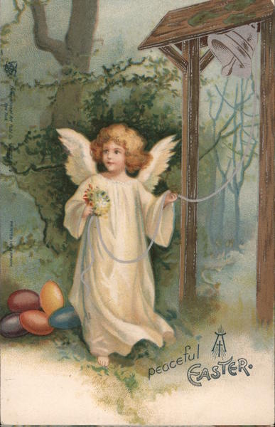 Peaceful Easter -- Angel with Eggs Rings Bell Ellen Clapsaddle