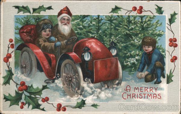 Santa Drives a Child in a Car While Another Child Makes Snowballs