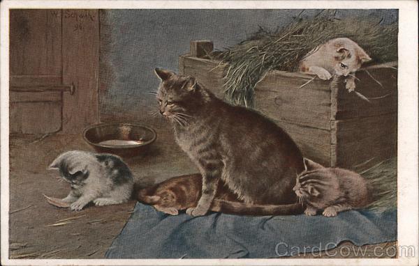 Mother Cat with Kittens in the Hay Cats