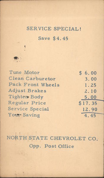 Service Special! Save $4.45. North State Chevrolet Co. Greensboro North Carolina