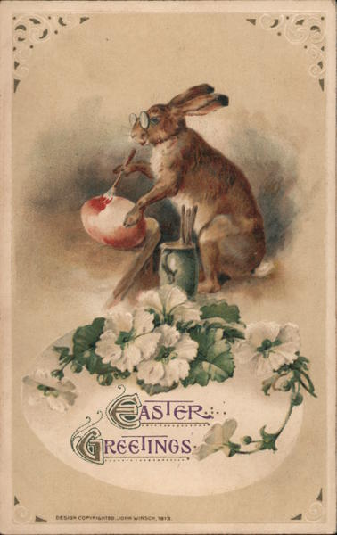 Easter Greetings -- Easter Bunny Paints an Egg With Bunnies