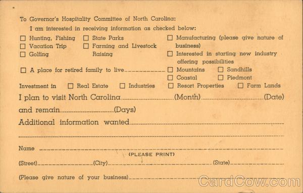 Governor's Hospitality Committee of North Carolina Correspondence Card