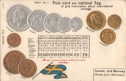 Postcard With National Flag and Coinage: Sweden and Norway Postcard