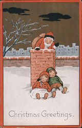 Christmas Greetings -- Santa climbs down chimney as 2 children sleep Santa Claus Postcard Postcard Postcard