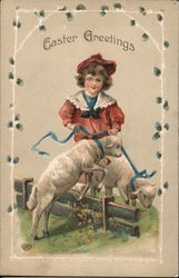 Easter Greetings -- A Child with Two Lambs Postcard