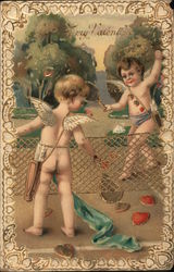 To My Valentine - Two Angels Playing Tennis Cupid Postcard Postcard Postcard