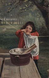 Little Girl Hanging Laundry Postcard