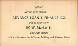 Advance Loan & Finance Co. New Location Postcard