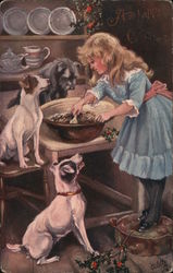A Girl Mixing Food with Three Dogs Watching Her Postcard