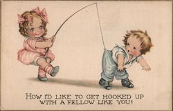 Girl Fishing for Boy Children Postcard Postcard Postcard