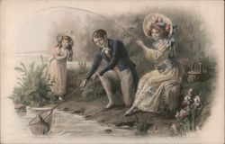 Family Fishing at Stream Postcard