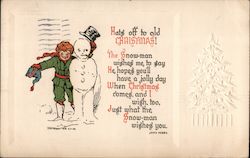 Hats off to old Christmas! -- Poem -- Child with Snowman -- Embossed Christmas Tree Postcard