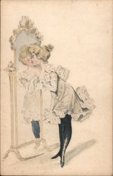 Girl in Underclothing Looking in Mirror Postcard