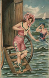 Woman Leaving Beach Cart To Bath in Ocean Postcard