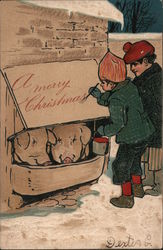 Children Writing in Snow: A Merry Christmas Postcard