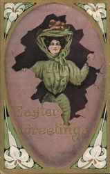 Easter Greetings -- Woman in a large Edwardian Hat Breaks out of an Egg Postcard