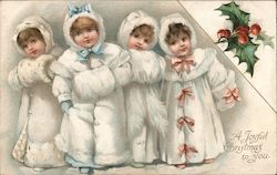 A Joyful Christmas to You: 4 Children in Fur Coats Postcard