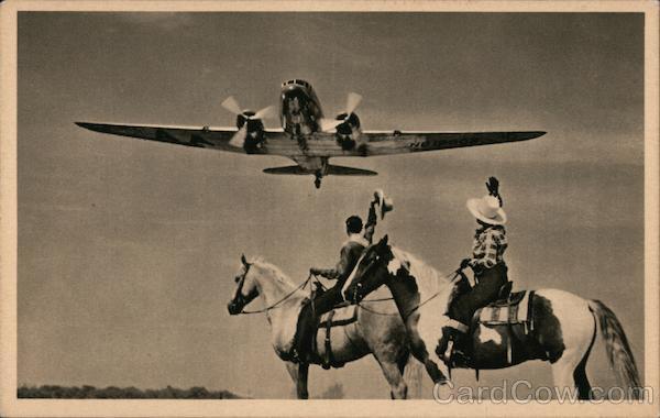 Cowboys on Horses Waving at Airplane Aircraft