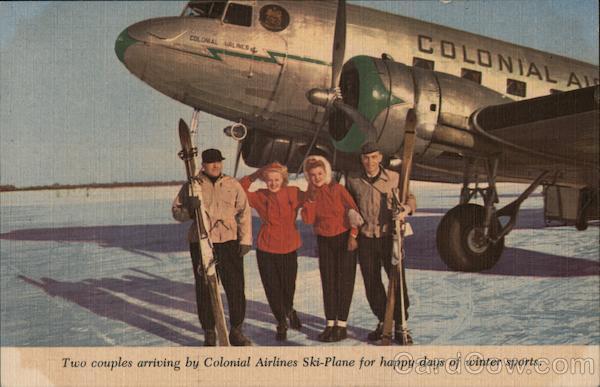 Two Couples Arriving by Colonial Airlines Ski Plane For Happy Days of Winter Sport