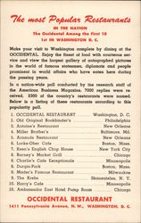 Occidental Restaurant, Washington, D.C., is Among the First 10 most Popular Restaurants in the Nation District Of Columbia Washi Postcard