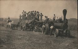 Workers on Farming Steam Tractor and Thresher Postcard