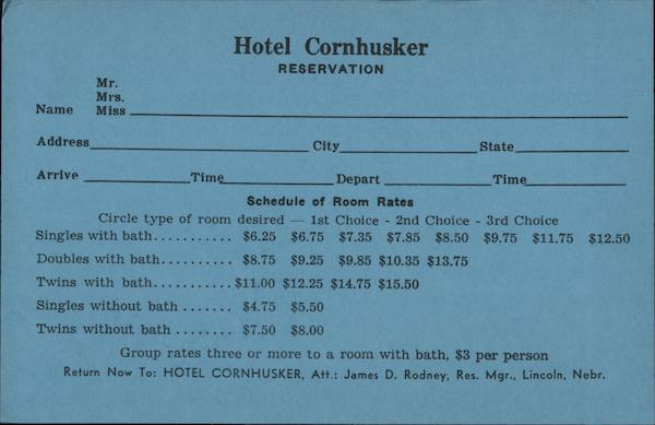 Hotel Cornhusker Reservation Card, Lincoln, Nebraska