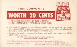 This coupon is worth 20 cents towards the purchase of two 6-bottle (12oz.) cartons of Pepsi-Cola (King Size) Postcard