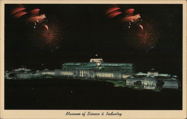 Chicago Museum of Science & Industry, Illuminated at Night, with fireworks exploding overhead Illinois