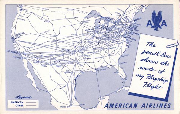The pencil line shows the route of my Flagship Flight: American Airlines