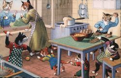 Anthropomorphic cats in the kitchen Postcard