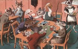 Mice in Clothing Playing Cards and Drinking Beer Postcard Postcard Postcard